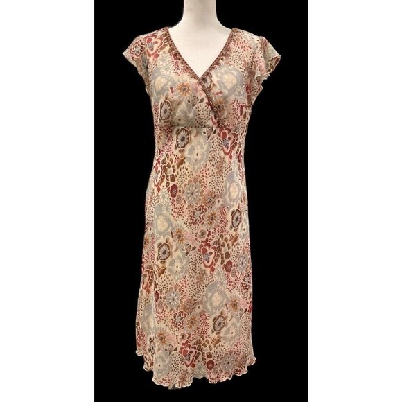 Believe Womens Chiffon Flutter Slip Dress Size 12 Lined Wood Beads Y2k Brown - Picture 6 of 16